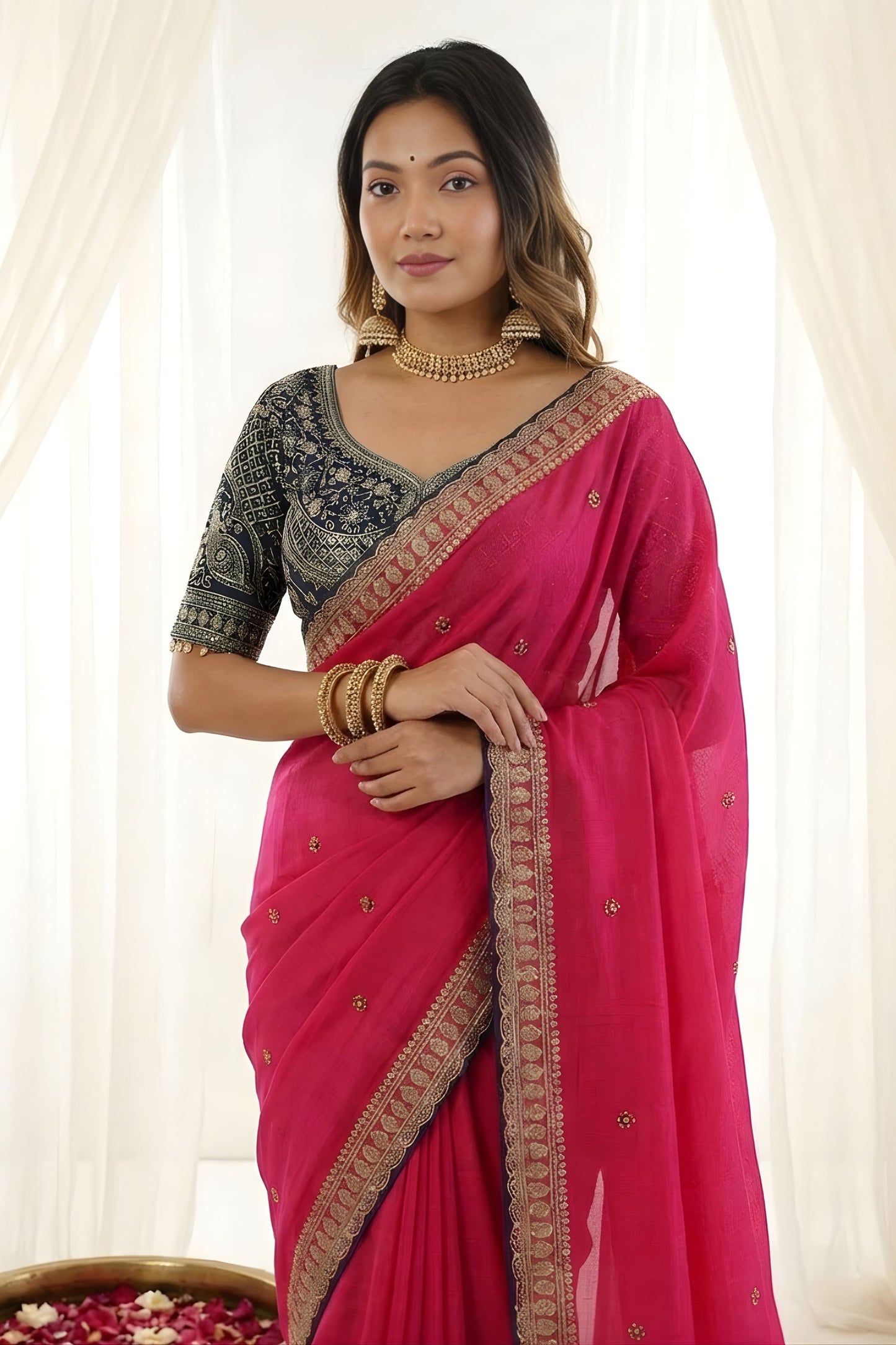 Elegant Rani Pink Rangoli Silk Embroidered SareeBlouse for Wedding
