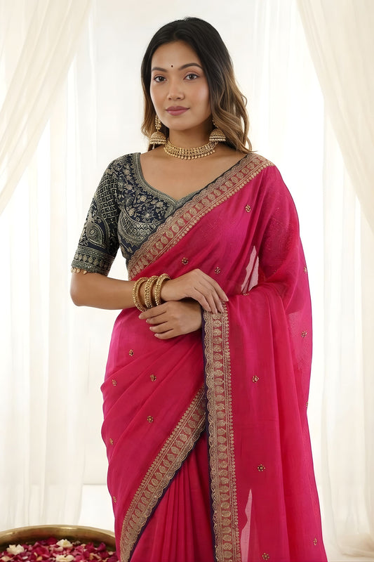 Elegant Rani Pink Rangoli Silk Embroidered SareeBlouse for Wedding