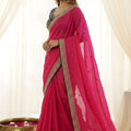Elegant Rani Pink Rangoli Silk Embroidered SareeBlouse for Wedding