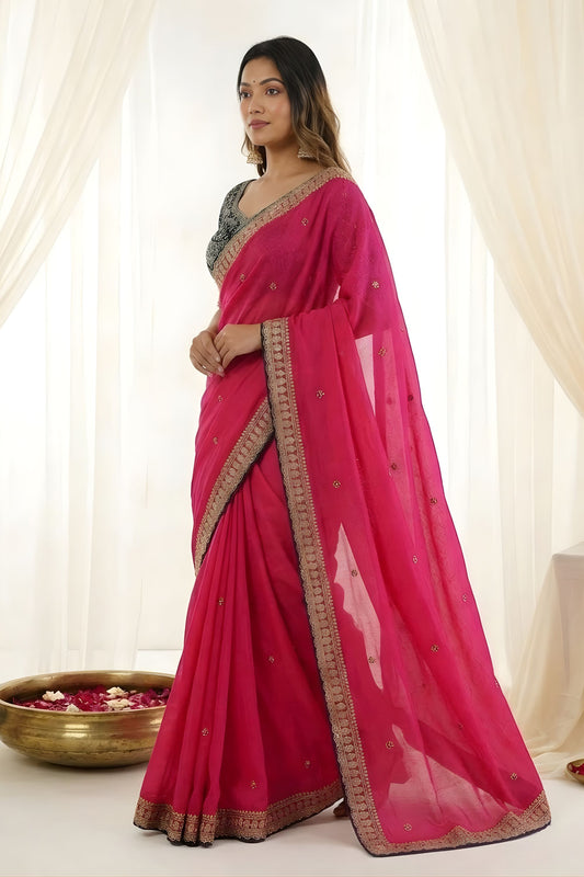 Elegant Rani Pink Rangoli Silk Embroidered SareeBlouse for Wedding