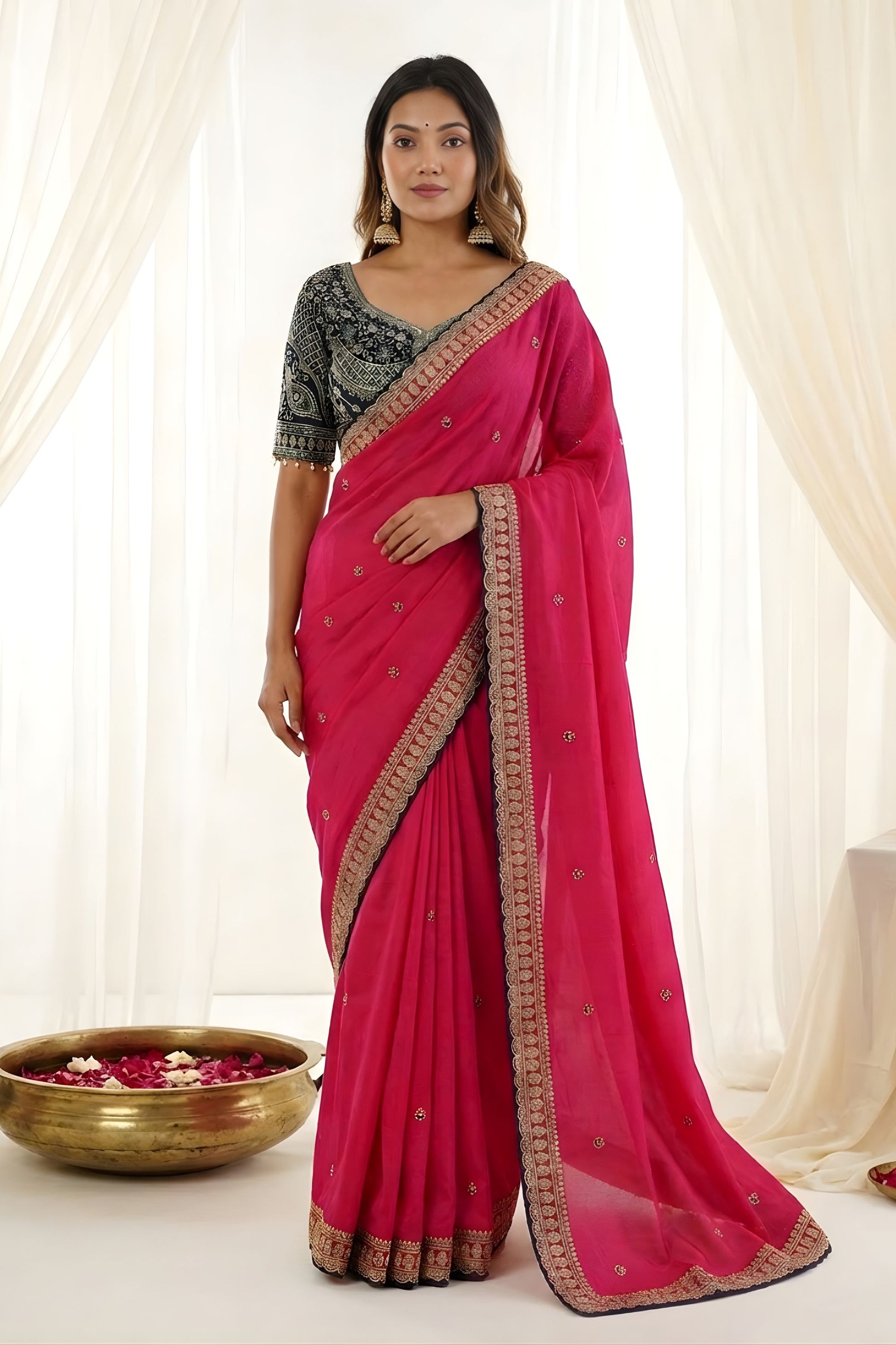 Elegant Rani Pink Rangoli Silk Embroidered Saree Blouse for Wedding