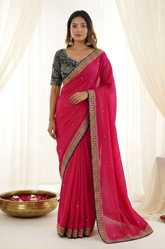 Elegant Rani Pink Rangoli Silk Embroidered Saree Blouse for Wedding