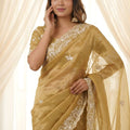 Golden Beige Fendy Satin Embroidered Saree Blouse for Wedding