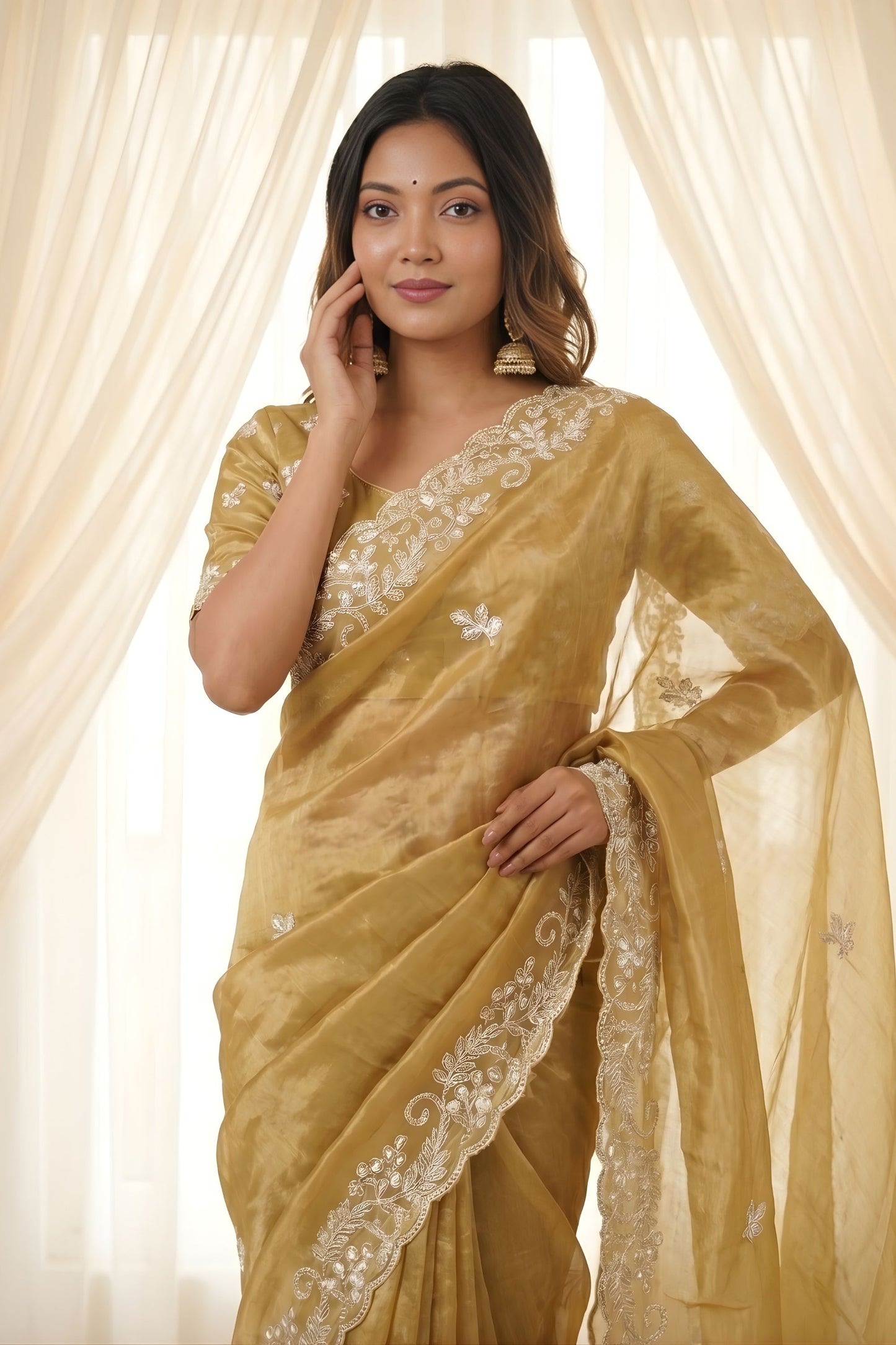Golden Beige Fendy Satin Embroidered Saree Blouse for Wedding