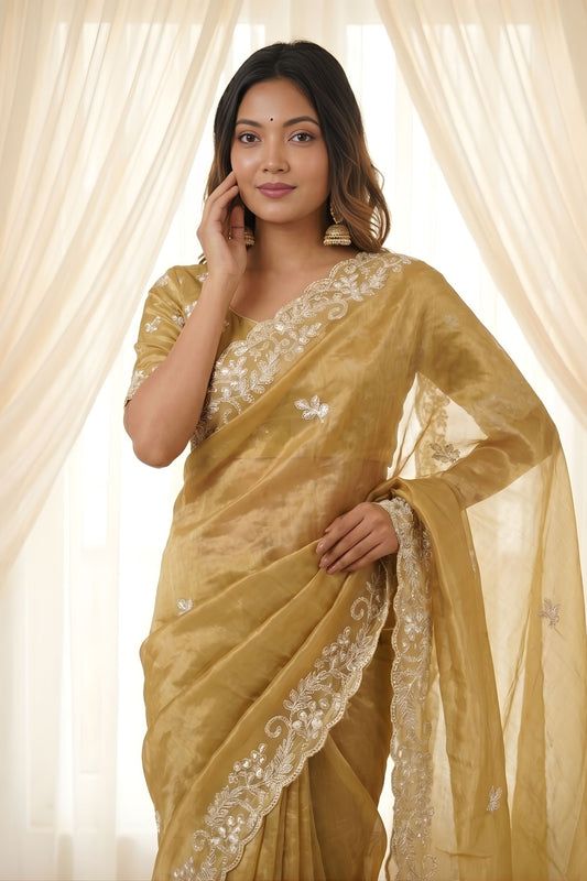 Golden Beige Fendy Satin Embroidered Saree Blouse for Wedding