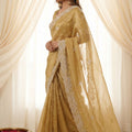 Golden Beige Fendy Satin Embroidered Saree Blouse for Wedding
