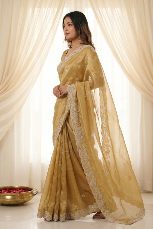 Golden Beige Fendy Satin Embroidered Saree Blouse for Wedding