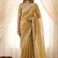 Golden Beige Fendy Satin Embroidered Saree Blouse for Wedding