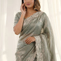 Graceful Sage Green Fendy Satin Embroidered Saree Blouse for Wedding
