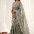Graceful Sage Green Fendy Satin Embroidered Saree Blouse for Wedding