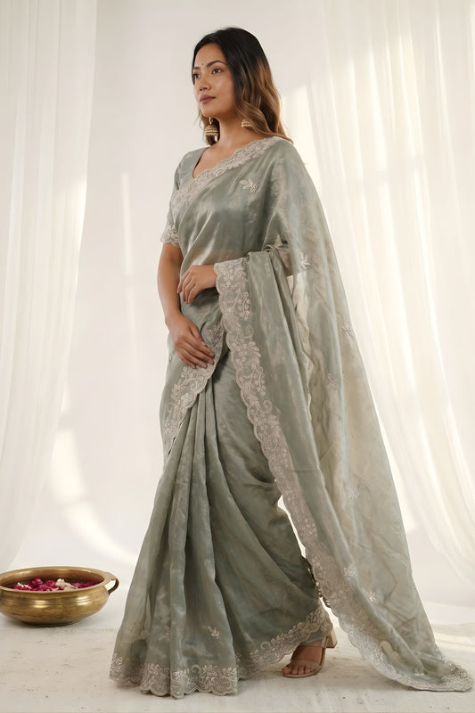 Graceful Sage Green Fendy Satin Embroidered Saree Blouse for Wedding