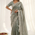 Graceful Sage Green Fendy Satin Embroidered Saree Blouse for Wedding