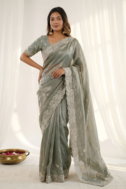 Graceful Sage Green Fendy Satin Embroidered Saree Blouse for Wedding