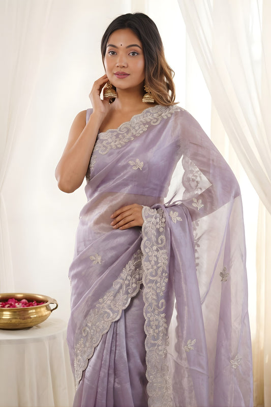 Wonderfull Lavender Fendy Satin Embroidered Saree Blouse for Wedding