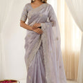 Wonderfull Lavender Fendy Satin Embroidered Saree Blouse for Wedding