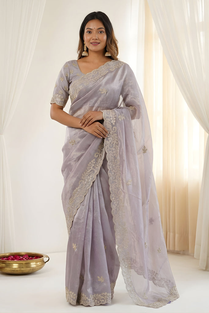 Wonderfull Lavender Fendy Satin Embroidered Saree Blouse for Wedding