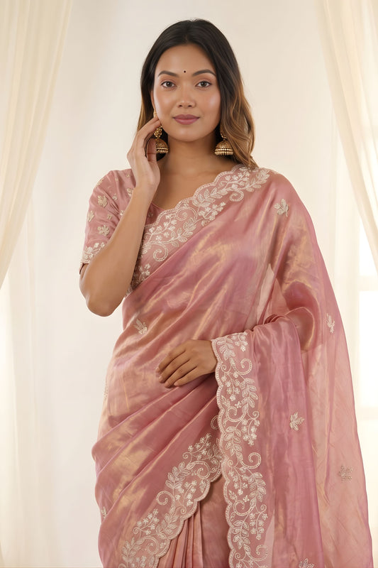 Beautifull Dusty Pink Fendy Satin Embroidered Saree Blouse for Wedding