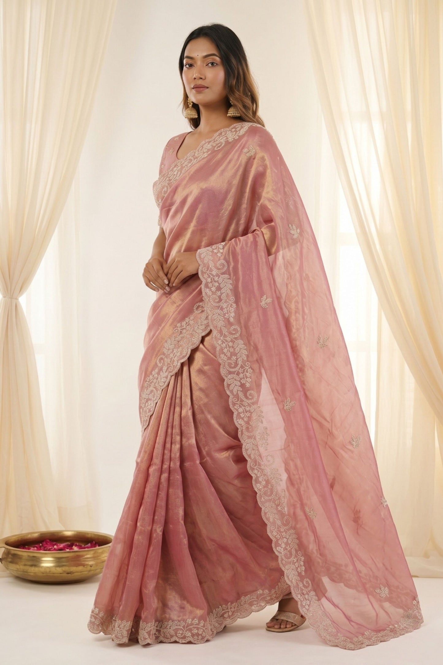 Beautifull Dusty Pink Fendy Satin Embroidered Saree Blouse for Wedding