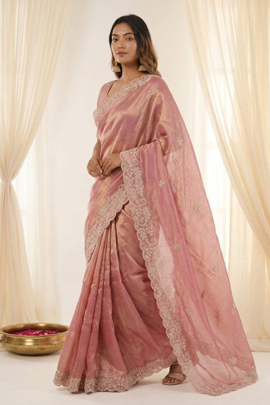 Beautifull Dusty Pink Fendy Satin Embroidered Saree Blouse for Wedding