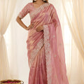 Beautifull Dusty Pink Fendy Satin Embroidered Saree Blouse for Wedding