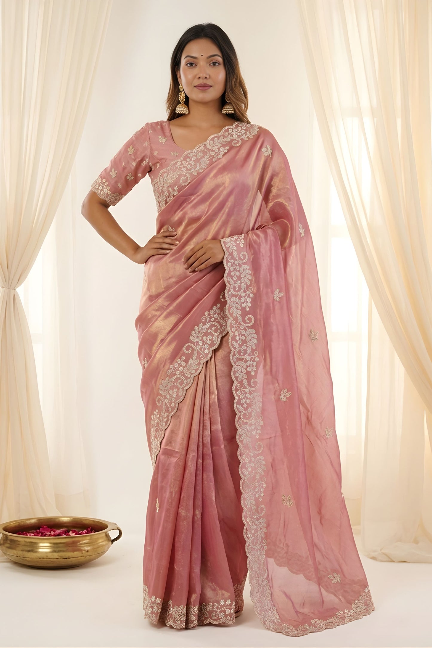 Beautifull Dusty Pink Fendy Satin Embroidered Saree Blouse for Wedding