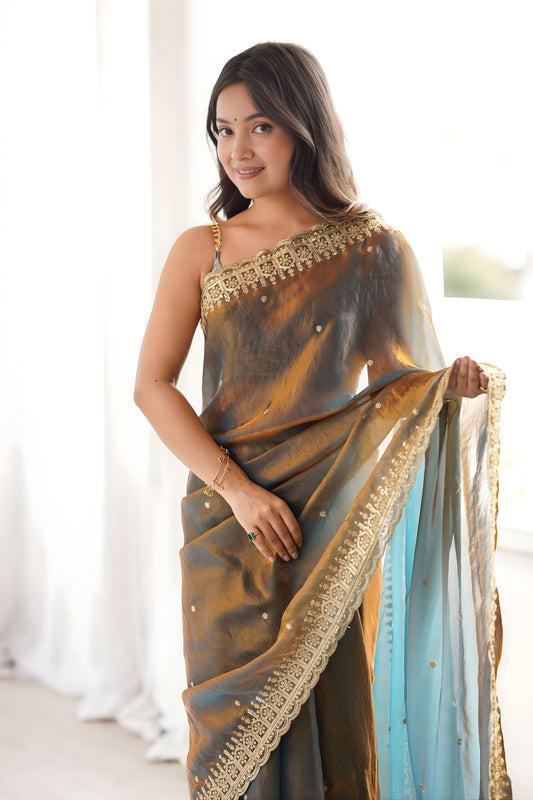 Elegant Steel Grey Fendy Satin Embroidered Saree Blouse for Wedding