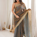 Elegant Steel Grey Fendy Satin Embroidered Saree Blouse for Wedding