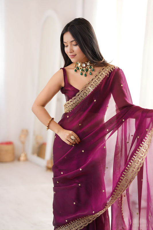 Elegant Wine Fendy Satin Embroidered Saree Blouse for Wedding