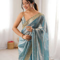 Royal Sky Blue Fendy Satin Embroidered Saree Blouse for Wedding