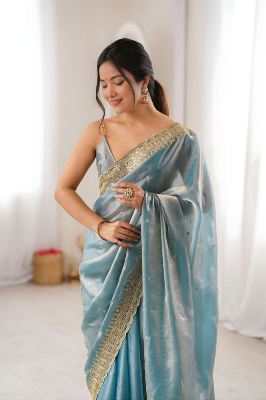 Royal Sky Blue Fendy Satin Embroidered Saree Blouse for Wedding