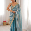 Royal Sky Blue Fendy Satin Embroidered Saree Blouse for Wedding