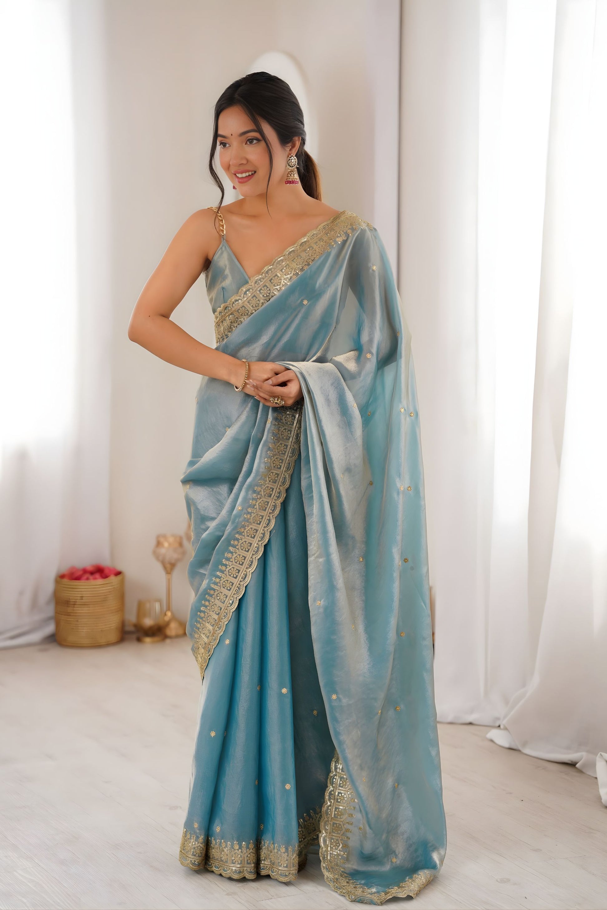 Royal Sky Blue Fendy Satin Embroidered Saree Blouse for Wedding