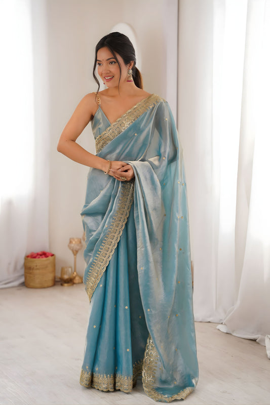 Royal Sky Blue Fendy Satin Embroidered Saree Blouse for Wedding