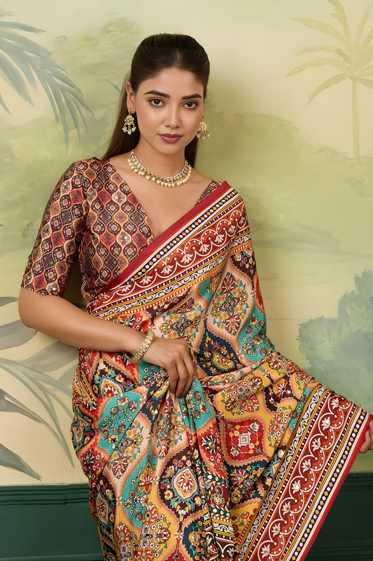 Elegant Multicolor Crepe Silk Designer Printed Saree for Wedding
