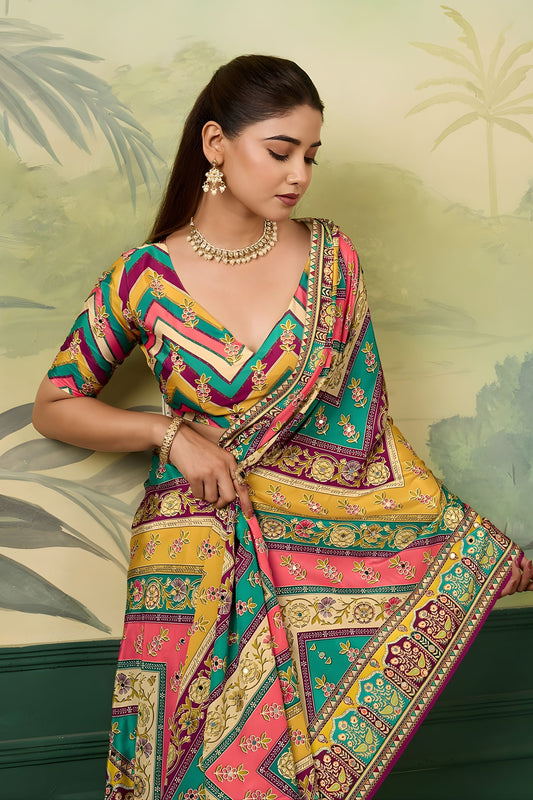 Gracefull Multicolor Crepe Silk Designer Printed Saree for Wedding