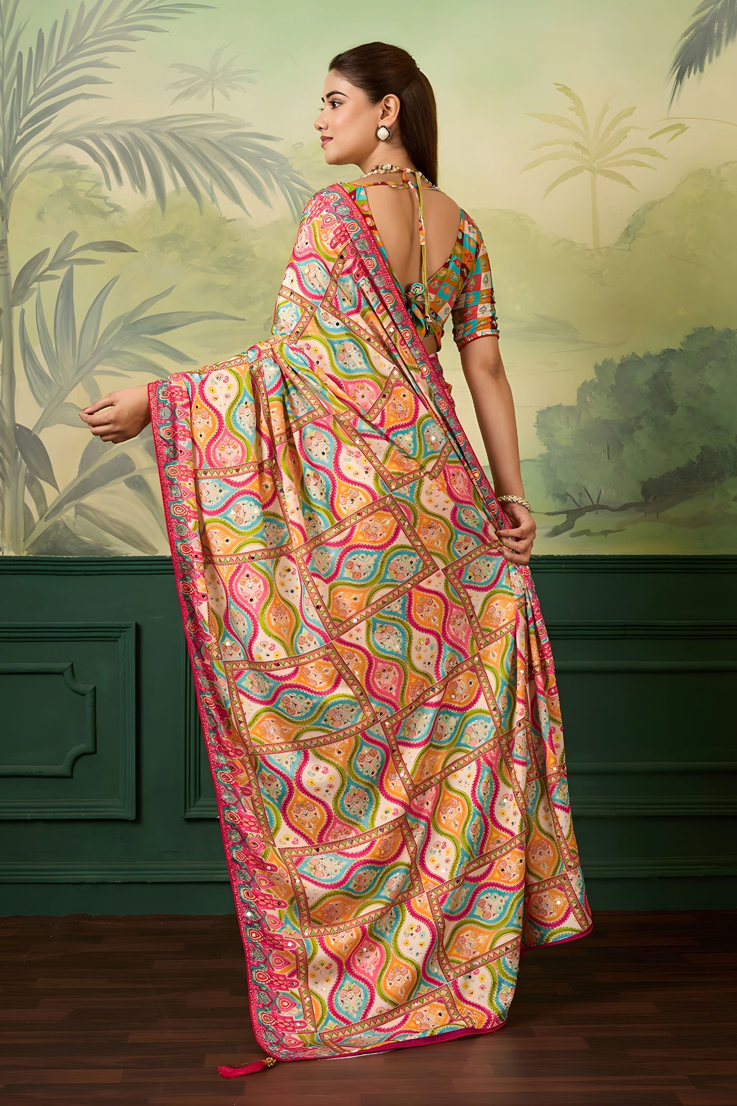 Beautiful Multicolor Crepe Silk Designer Printed Saree for Wedding