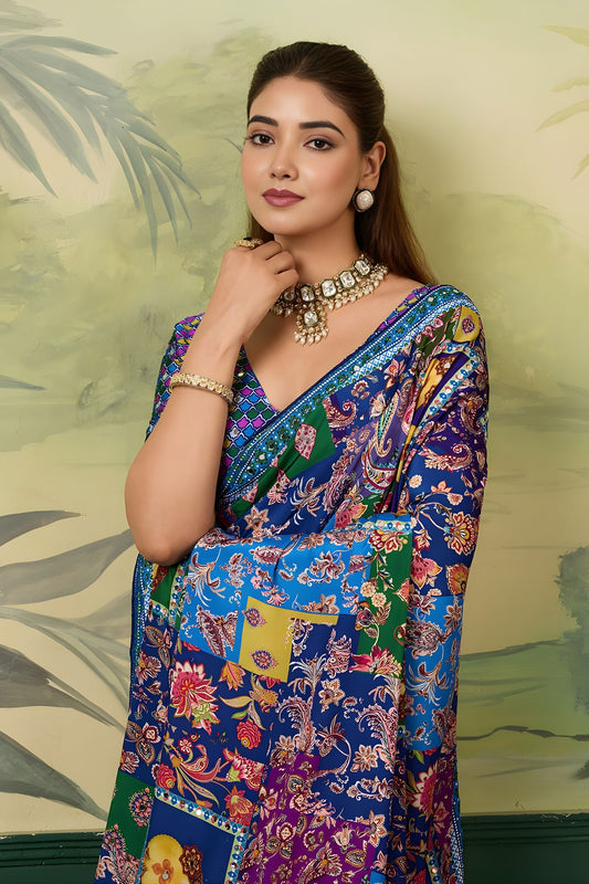 Royal Multicolor Crepe Silk Designer Printed Saree for Wedding