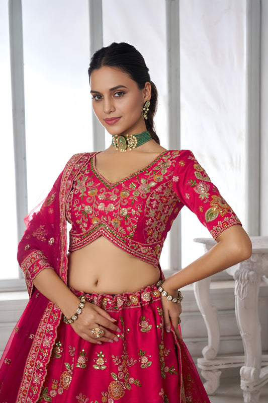 Elegant Rani Pink Silk Embroidered Designer Lehenga Choli with Soft Net Dupatta for Wedding