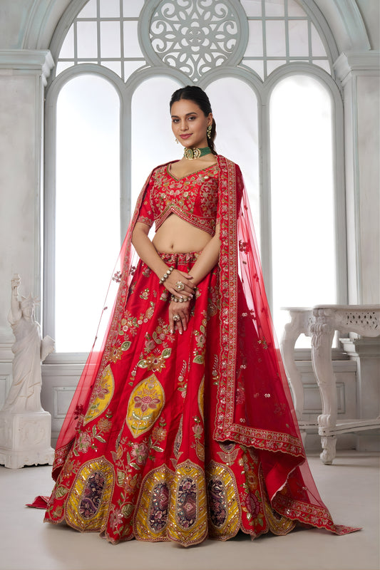 Graceful Red Silk Embroidered Designer Lehenga Choli with Soft Net Dupatta for Wedding