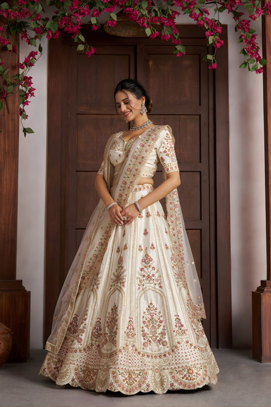 Traditional Off White Silk Embroidered Designer Lehenga Choli with Soft Net Dupatta for Wedding