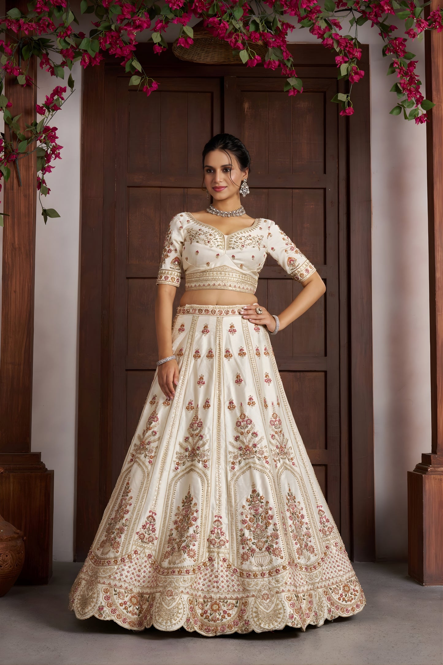 Traditional Off White Silk Embroidered Designer Lehenga Choli with Soft Net Dupatta for Wedding