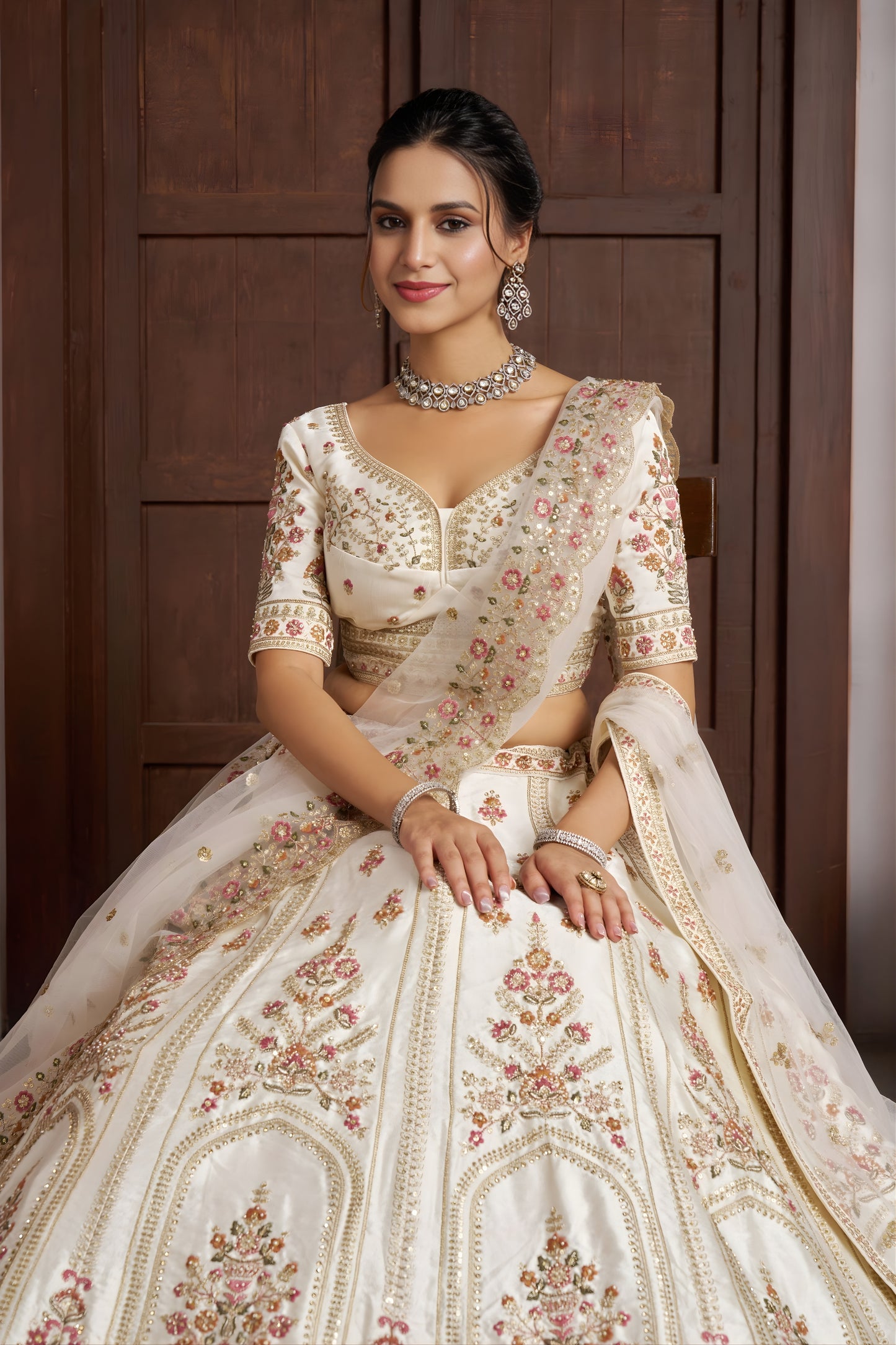 Traditional Off White Silk Embroidered Designer Lehenga Choli with Soft Net Dupatta for Wedding