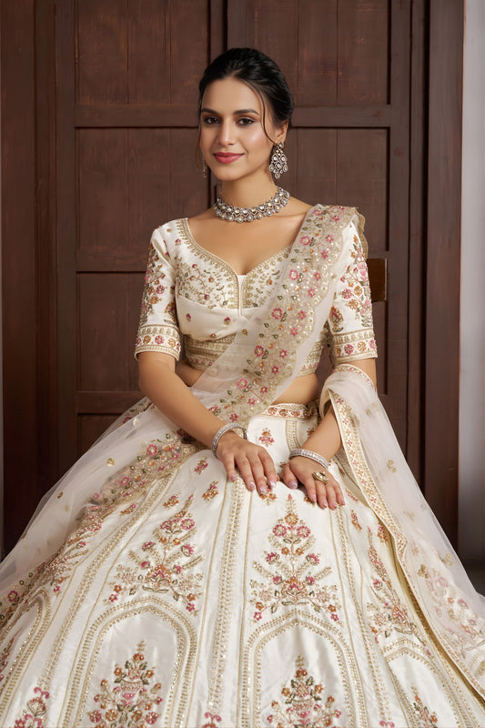 Traditional Off White Silk Embroidered Designer Lehenga Choli with Soft Net Dupatta for Wedding
