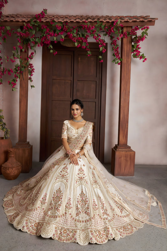 Traditional Off White Silk Embroidered Designer Lehenga Choli with Soft Net Dupatta for Wedding