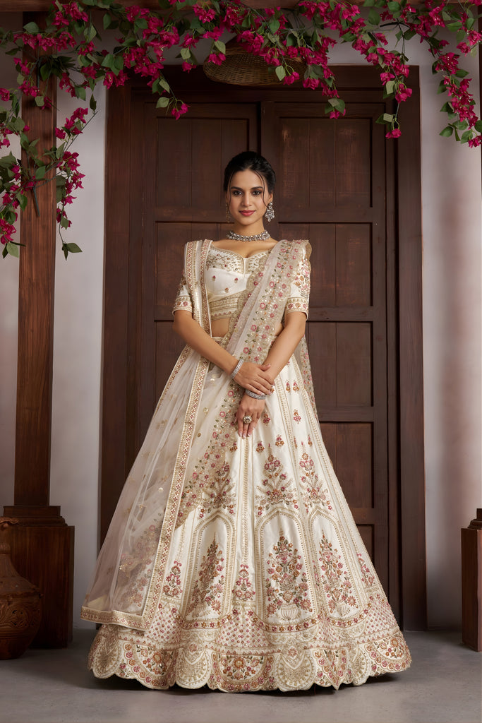 Traditional Off White Silk Embroidered Designer Lehenga Choli with Soft Net Dupatta for Wedding