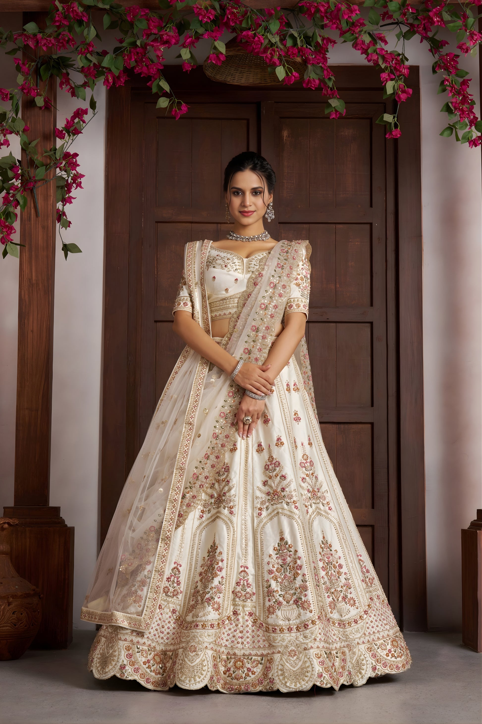 Traditional Off White Silk Embroidered Designer Lehenga Choli with Soft Net Dupatta for Wedding