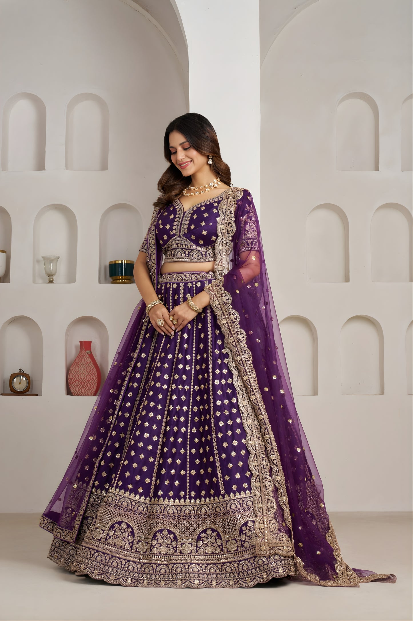 Luxury Purple Silk Embroidered Designer Lehenga Choli with Soft Net Dupatta for Wedding
