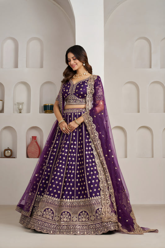 Luxury Purple Silk Embroidered Designer Lehenga Choli with Soft Net Dupatta for Wedding