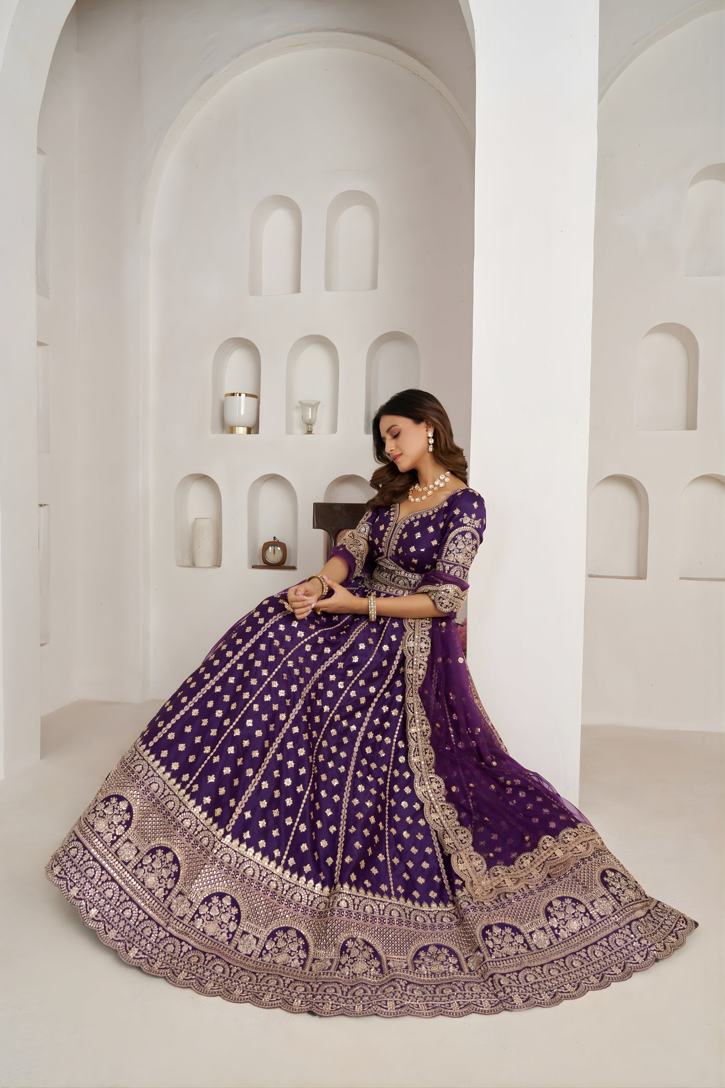 Luxury Purple Silk Embroidered Designer Lehenga Choli with Soft Net Dupatta for Wedding