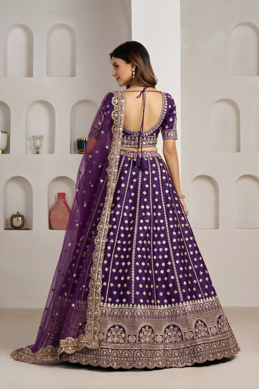 Luxury Purple Silk Embroidered Designer Lehenga Choli with Soft Net Dupatta for Wedding